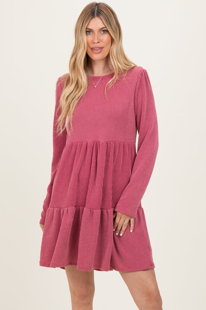 Dark Mauve Textured Rib Tiered Long Sleeve Dress
