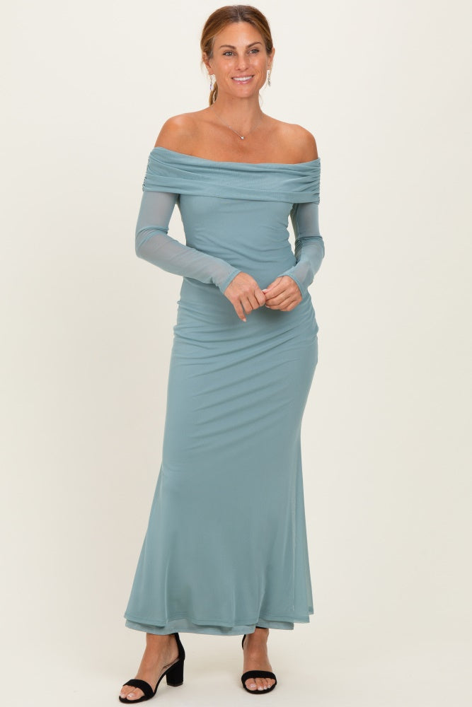 Blue Mesh Overlay Off Shoulder Long Sleeve Maternity Midi Dress