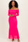 Fuchsia Mesh Overlay Off Shoulder Long Sleeve Midi Dress