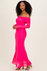 Fuchsia Mesh Overlay Off Shoulder Long Sleeve Midi Dress