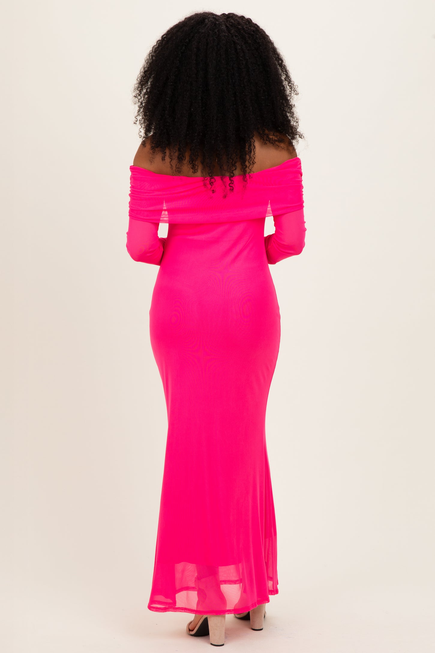 Fuchsia Mesh Overlay Off Shoulder Long Sleeve Midi Dress