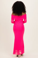 Fuchsia Mesh Overlay Off Shoulder Long Sleeve Midi Dress