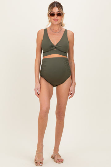 Olive Ribbed Twist Front Cutout Two Piece Maternity Swimsuit