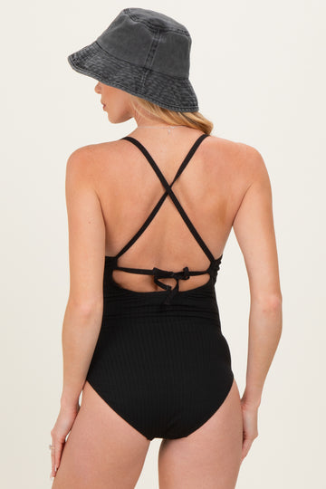 Black Ruched Crisscross Back Cut Out Maternity Swimsuit