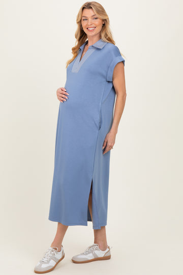 Blue Striped Collared Side Slit Maternity Midi Dress