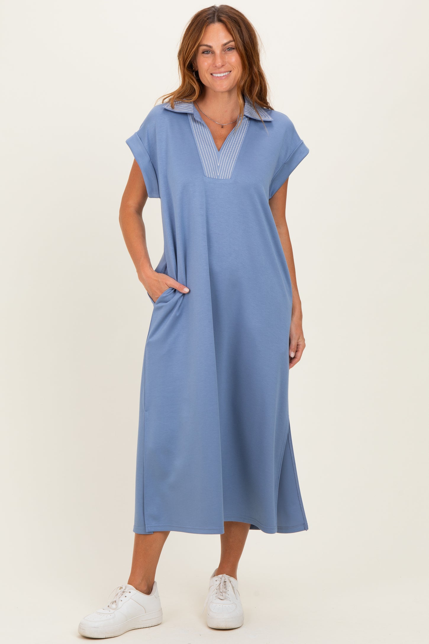 Blue Striped Collared Side Slit Maternity Midi Dress