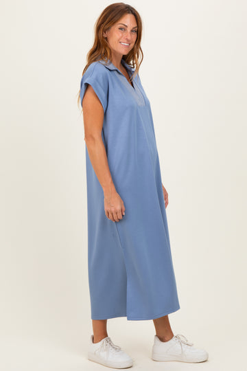 Blue Striped Collared Side Slit Midi Dress
