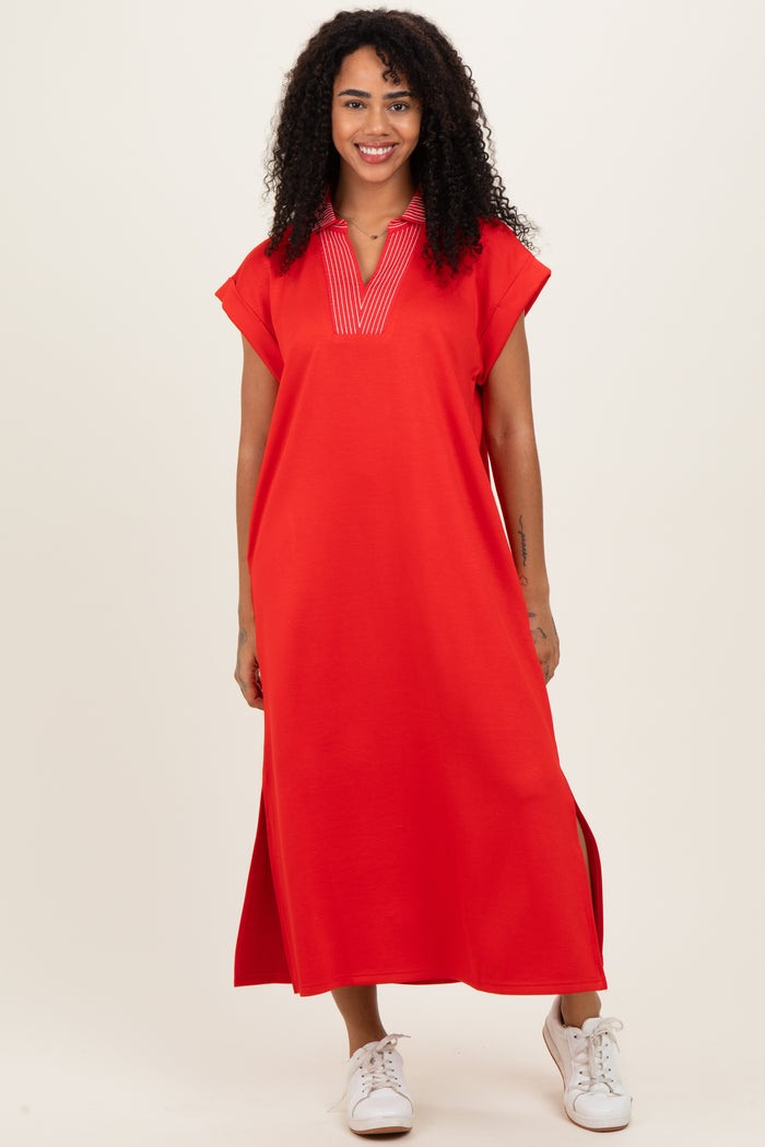 Red Striped Collared Side Slit Maternity Midi Dress