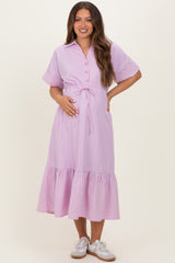 Pink Striped Button Collared Maternity Midi Dress