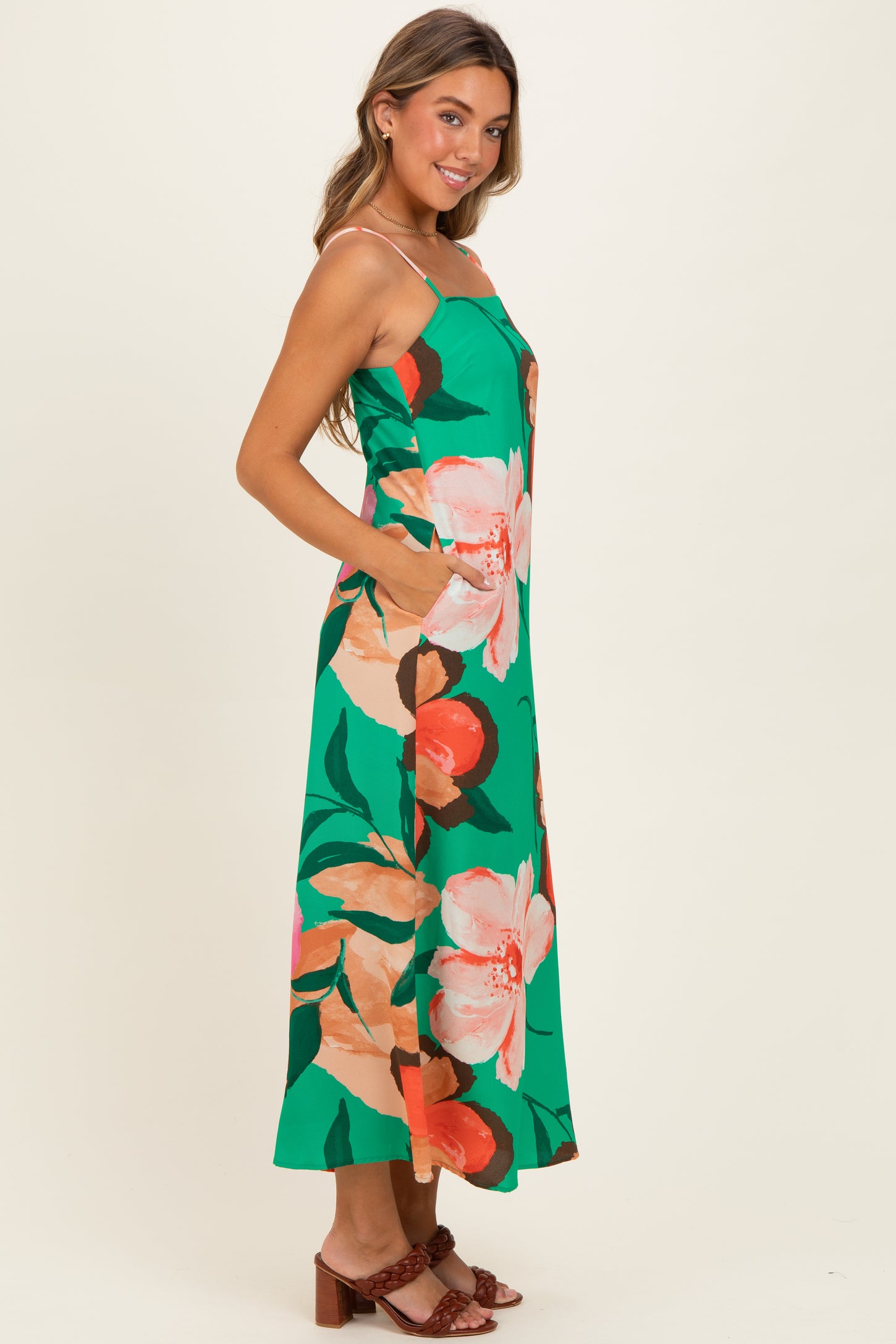 Green Floral Print Sleeveless Maxi Dress