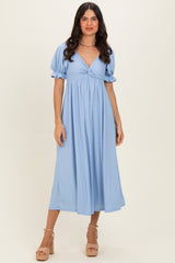 Light Blue Ribbed Short Sleeve Empire Waist V-Neck Maternity Maxi Dress