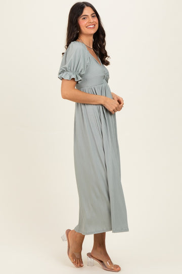 Green Ribbed Short Sleeve Empire Waist V-Neck Maxi Dress