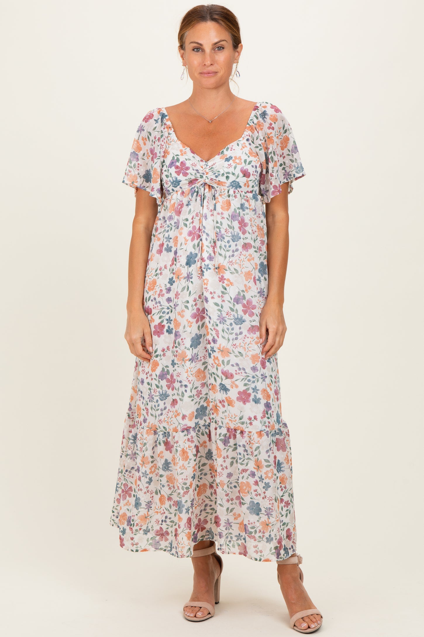 Ivory Floral Short Sleeve Maxi Dress