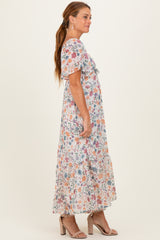 Ivory Floral Short Sleeve Maxi Dress