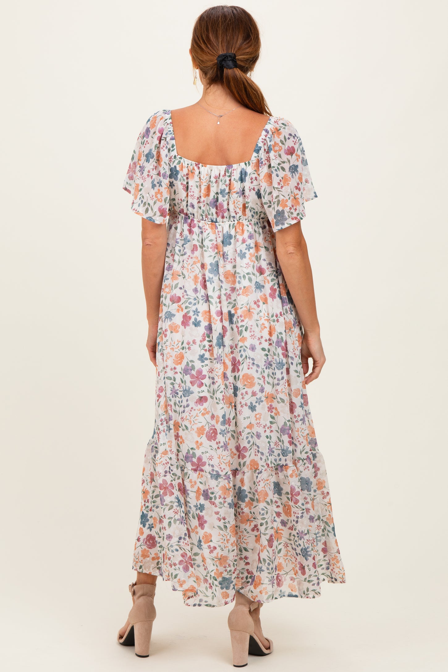 Ivory Floral Short Sleeve Maxi Dress