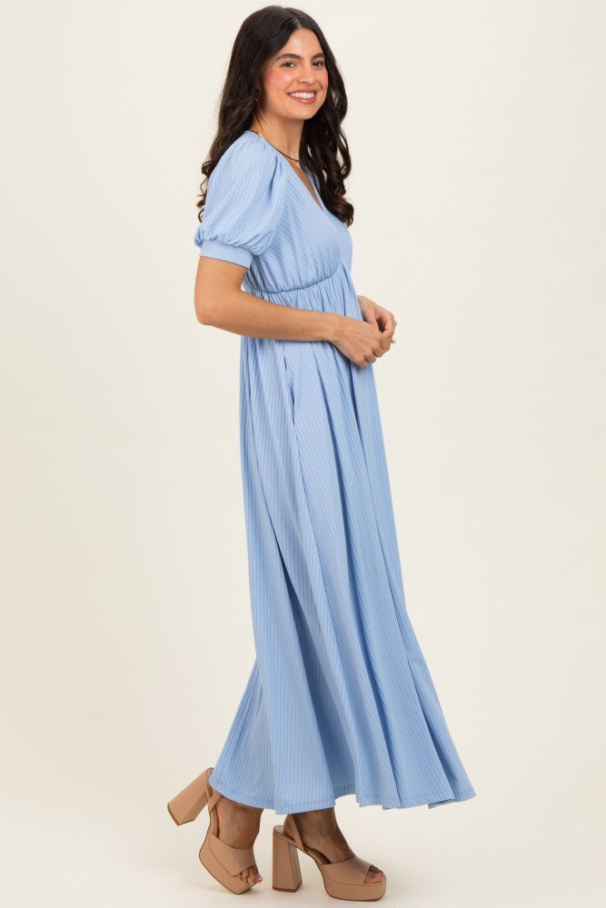 Blue Ribbed Puff Sleeve V-Neck Empire Waist Maxi Dress