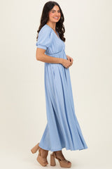 Blue Ribbed Puff Sleeve V-Neck Empire Waist Maxi Dress