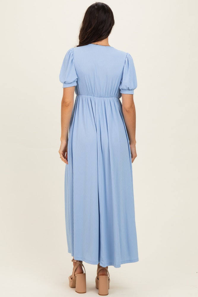 Blue Ribbed Puff Sleeve V-Neck Empire Waist Maxi Dress