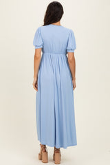 Blue Ribbed Puff Sleeve V-Neck Empire Waist Maxi Dress