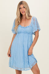 Light Blue Floral Lace Square Neck Ruffle Trim Maternity Maxi Dress