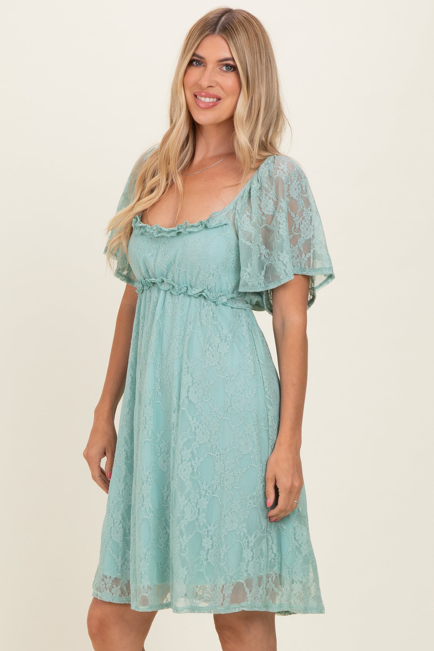 Sage Floral Lace Square Neck Ruffle Trim Maxi Dress