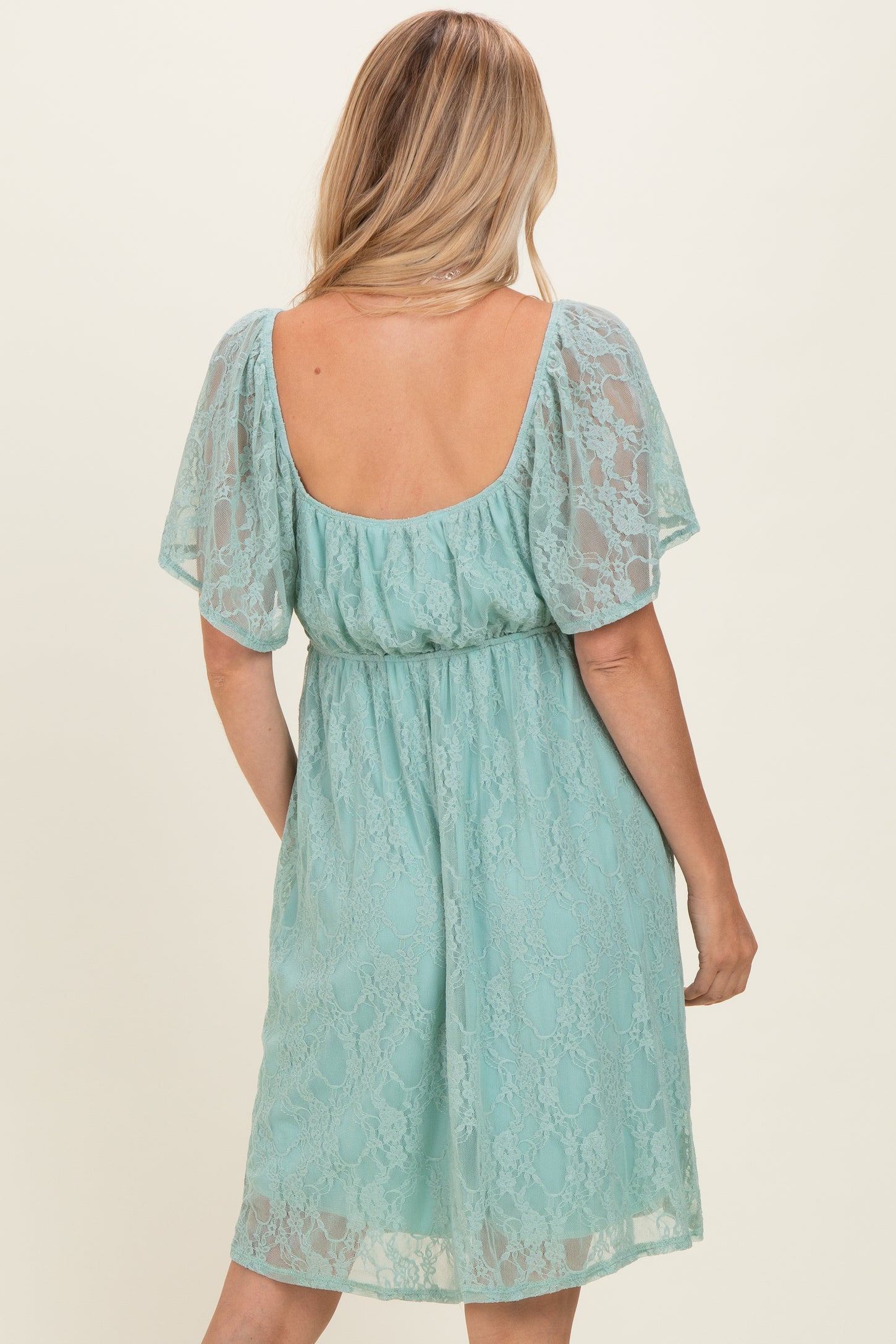 Sage Floral Lace Square Neck Ruffle Trim Maxi Dress