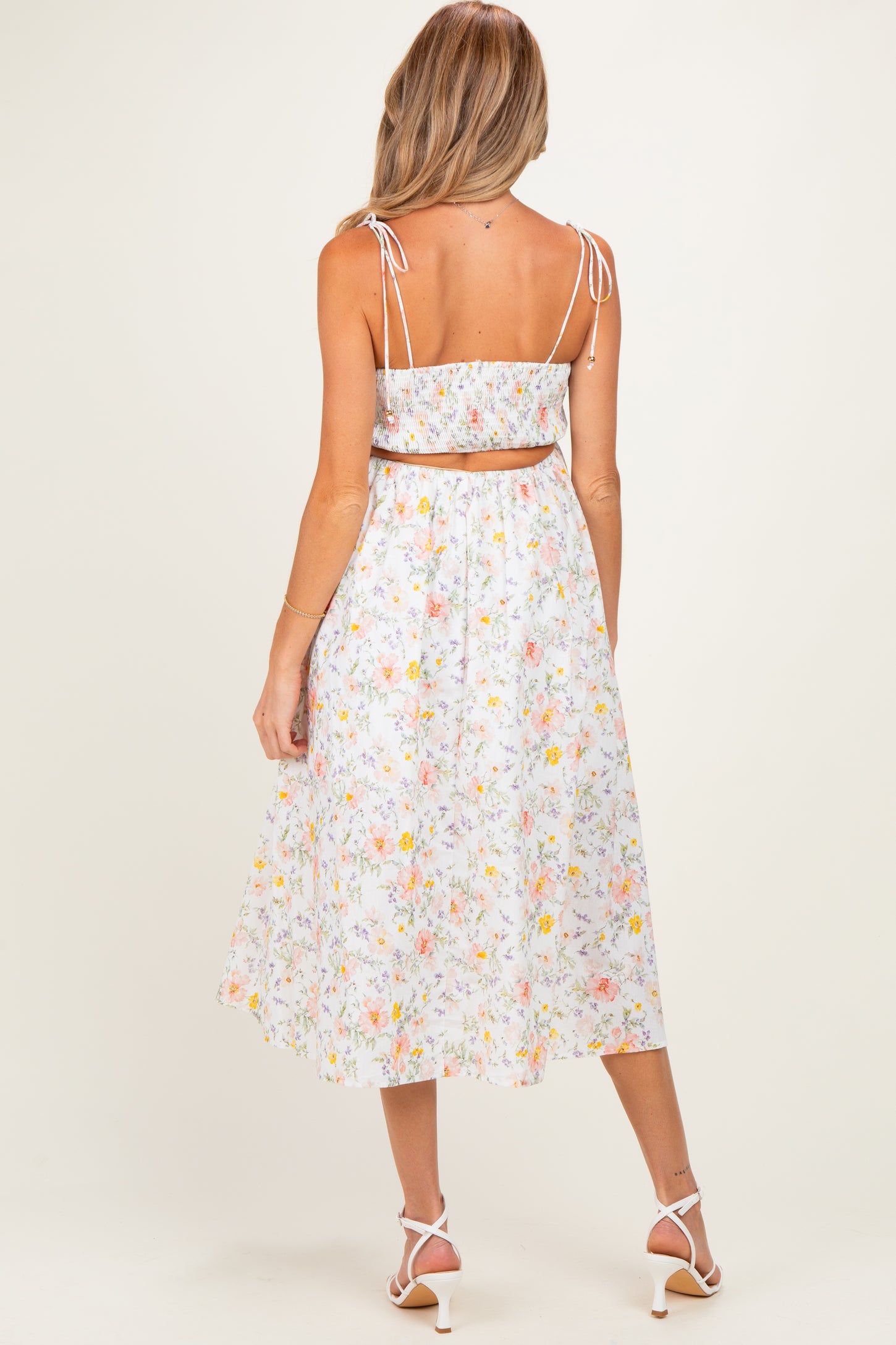 White Floral Shoulder Tie Cutout Maternity Midi Dress