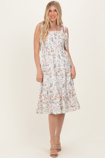 Ivory Floral Shoulder Tie Tiered Midi Dress