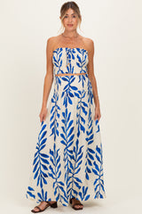 Royal Blue Leaf Print Smocked Crop Top Maxi Skirt Maternity Set