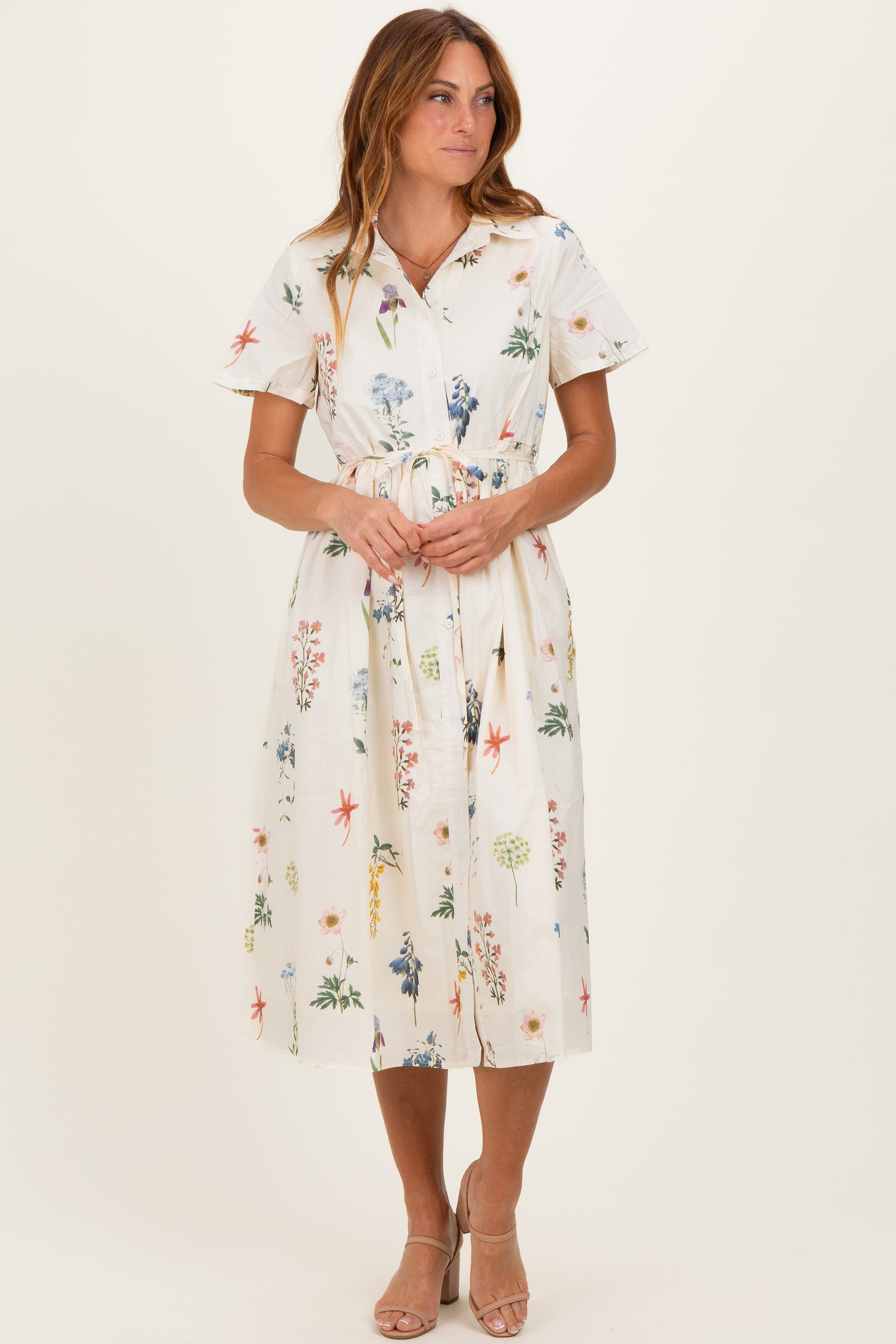 Ivory Floral Button Down Midi Dress