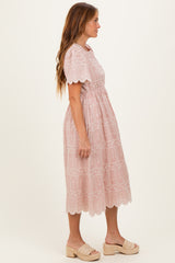 Light Pink Embroidered Floral Midi Dress