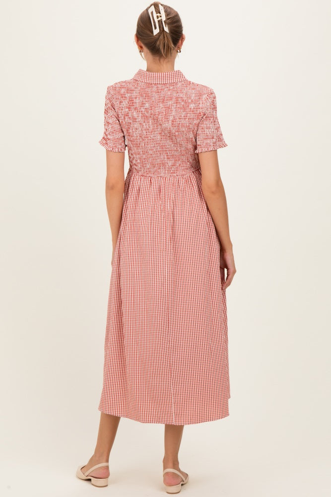 Red Smocked Gingham Collared Maternity Midi Dress