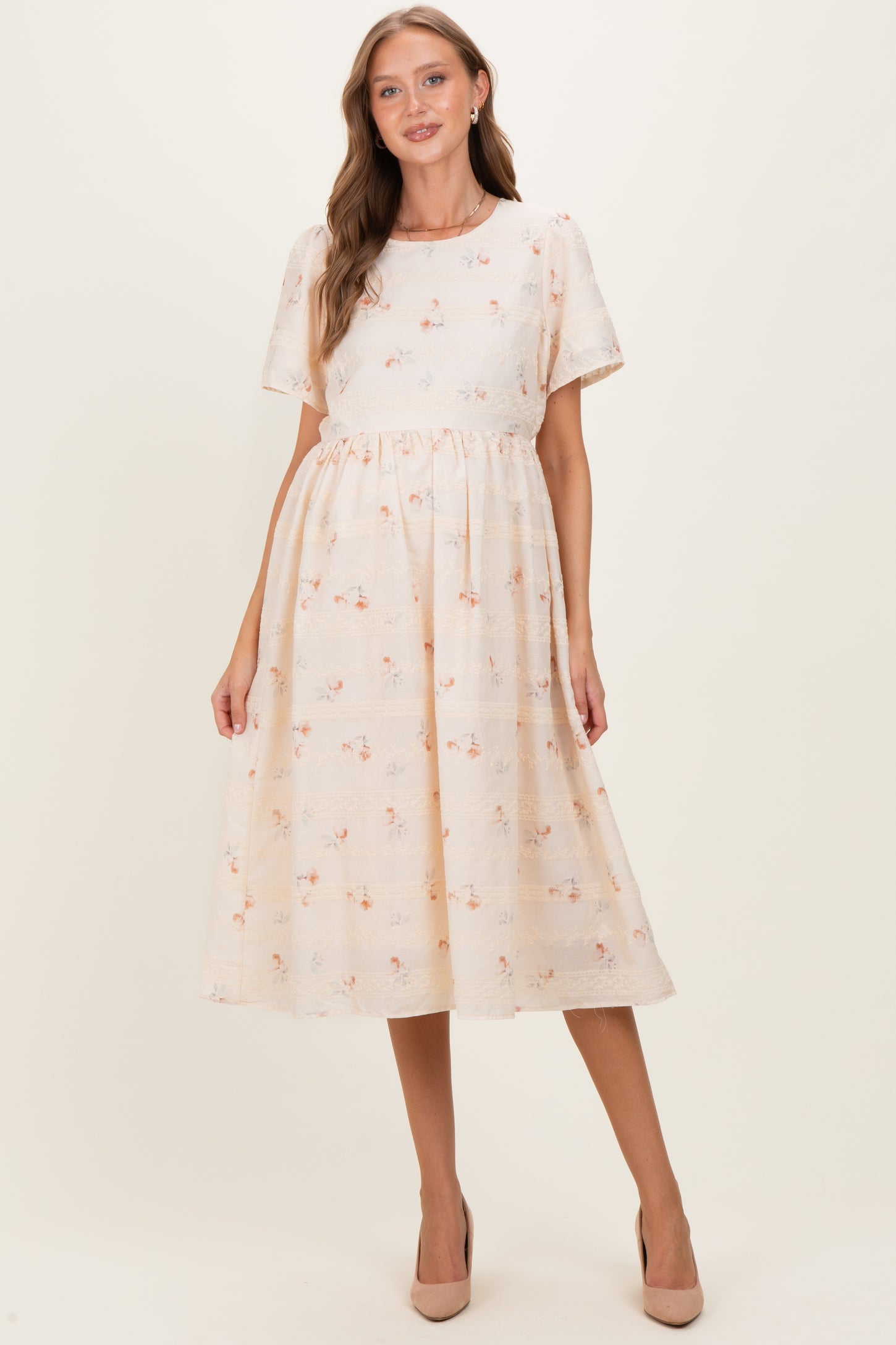 Beige Floral Embroidered Short Sleeve Maternity Midi Dress
