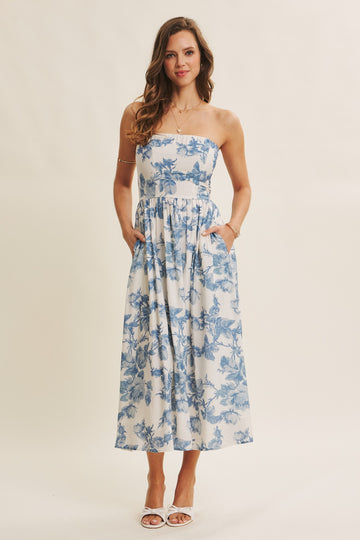 Blue Floral Strapless Midi Dress