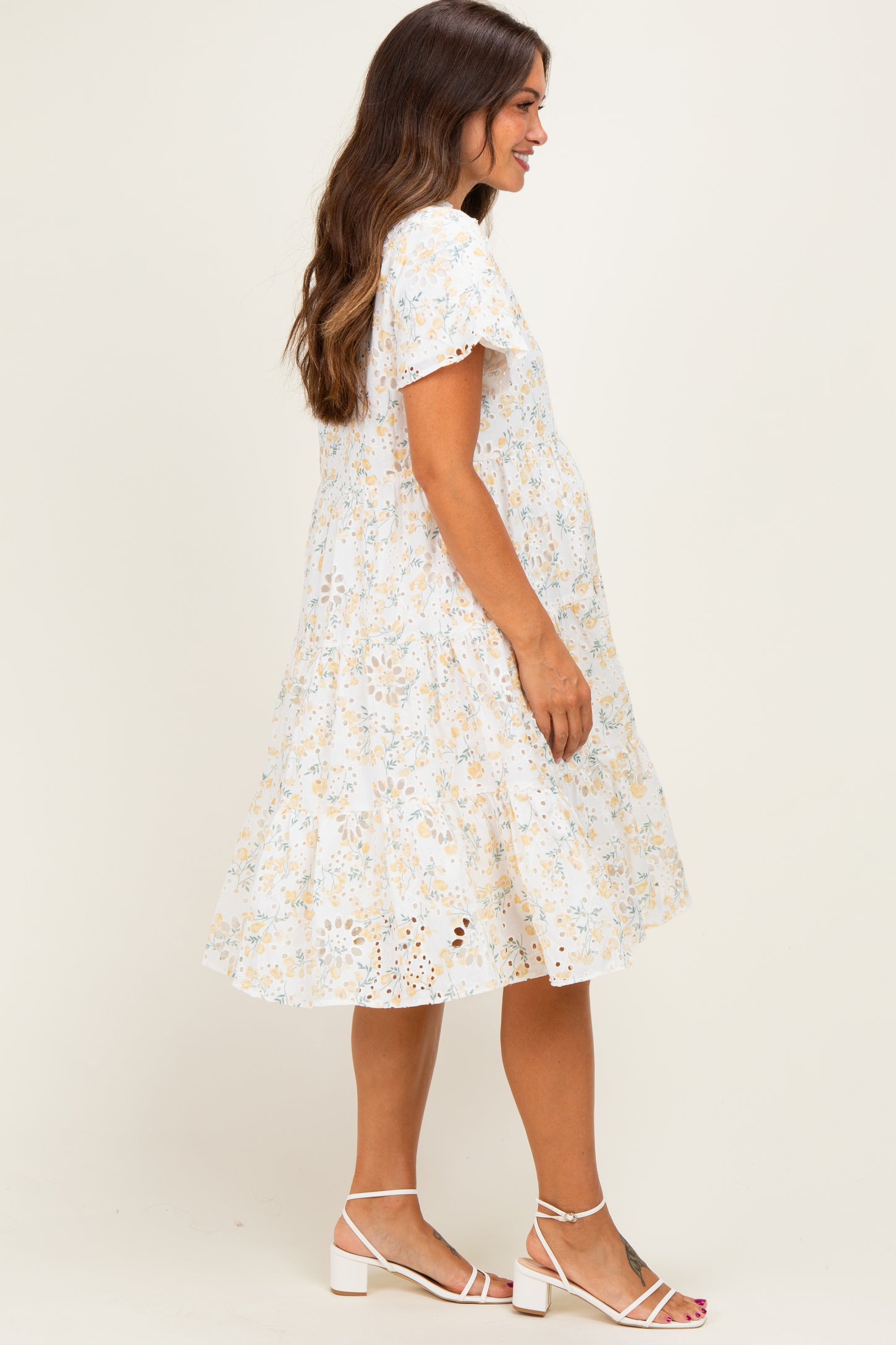Ivory Floral Eyelet Lace Maternity Midi Dress