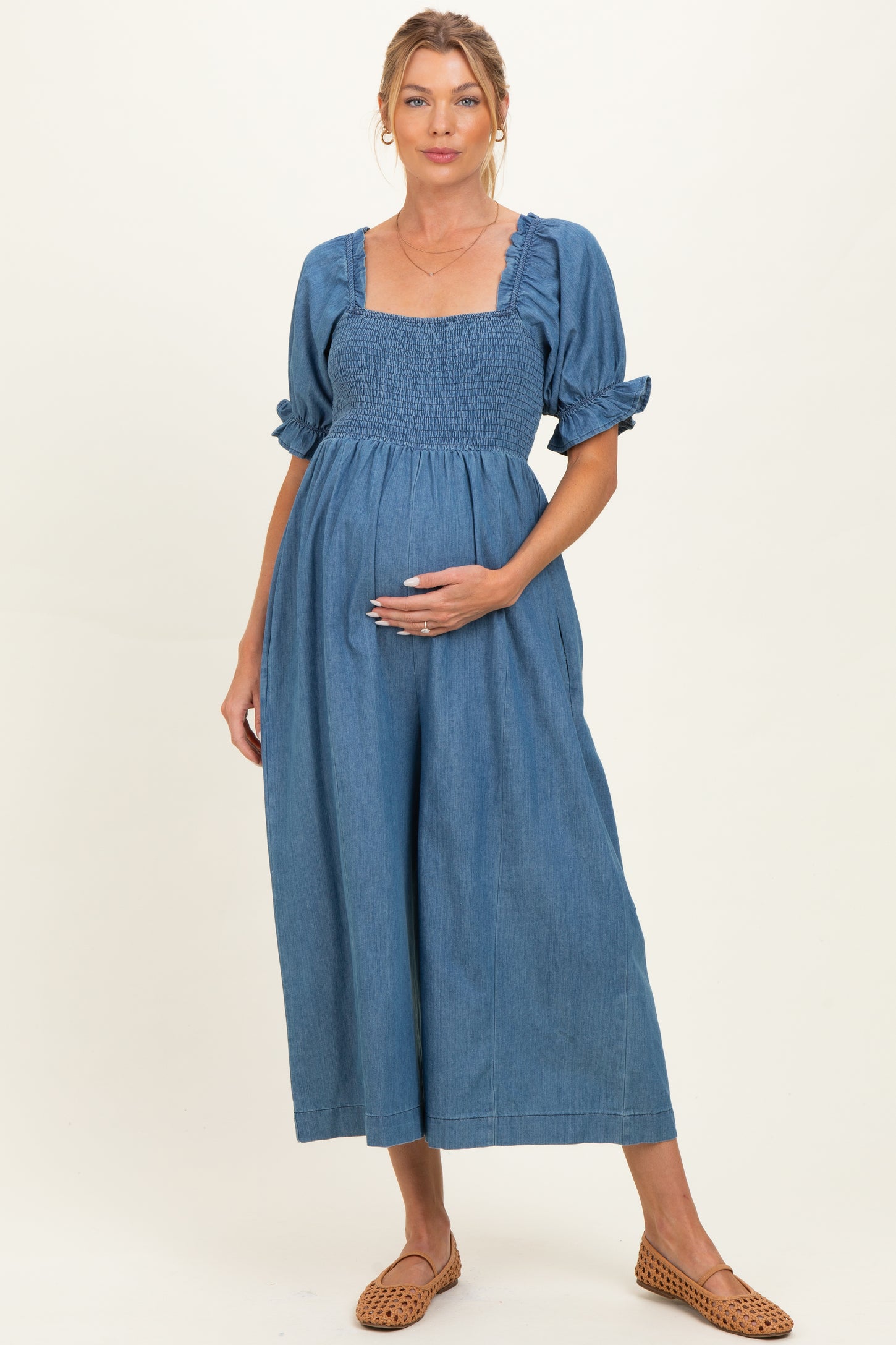 Denim Chambray Puff Sleeve Wide Leg Maternity Jumpsuit
