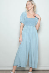 Light Blue Chambray Puff Sleeve Wide Leg Jumpsuit