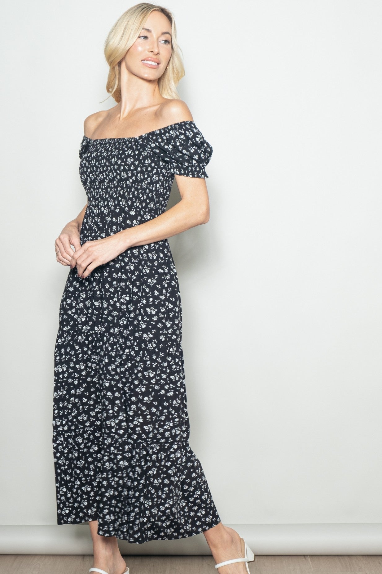 Black Floral Smocked Puff Sleeve Maxi Dress