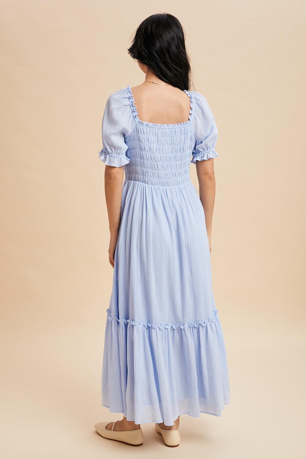Light Blue Smocked Button Down Maxi Dress