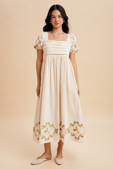 Creme Embroidered Floral Pleated Bodice Maxi Dress
