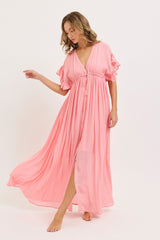 Pink Button Down Deep V-Neck Maternity Maxi Dress