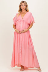 Pink Button Down Deep V-Neck Maternity Maxi Dress
