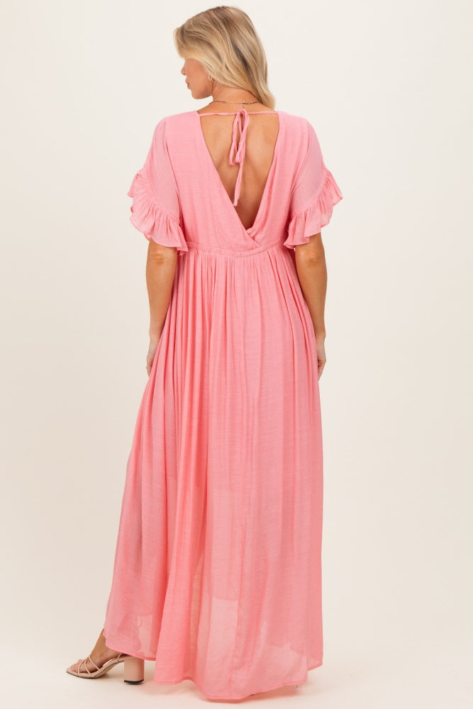 Pink Button Down Deep V-Neck Maternity Maxi Dress