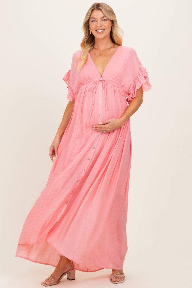 Pink Button Down Deep V-Neck Maternity Maxi Dress
