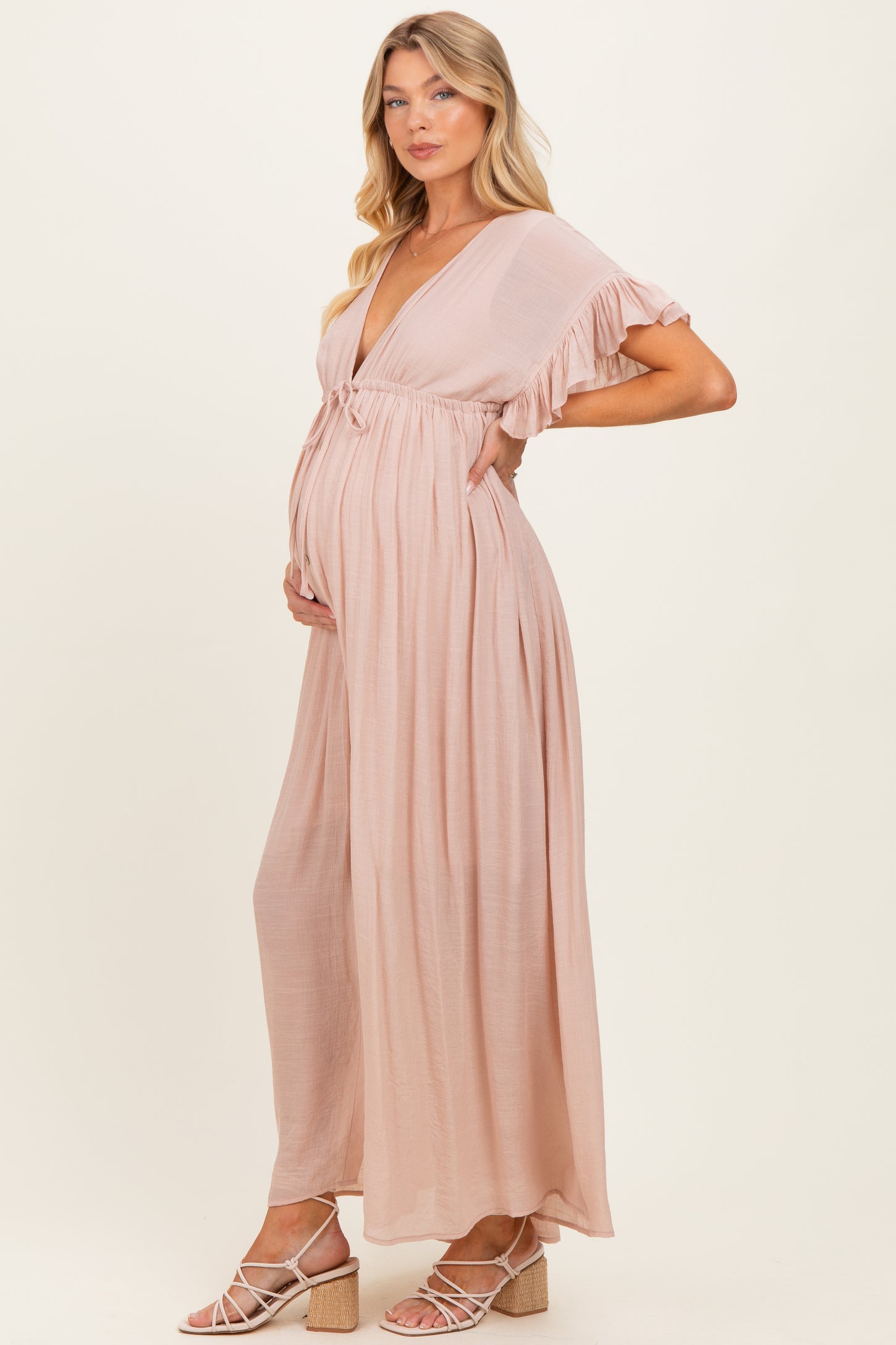 Light Pink Button Down Deep V-Neck Maternity Maxi Dress