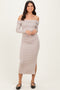 Beige Off Shoulder Ruched Side Slit Midi Dress
