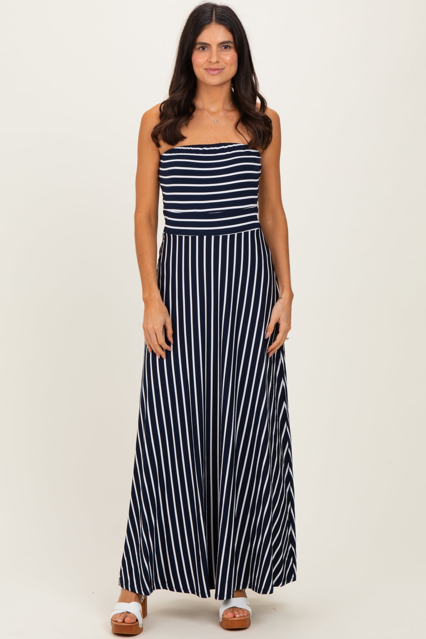Navy Striped Strapless Maternity Maxi Dress