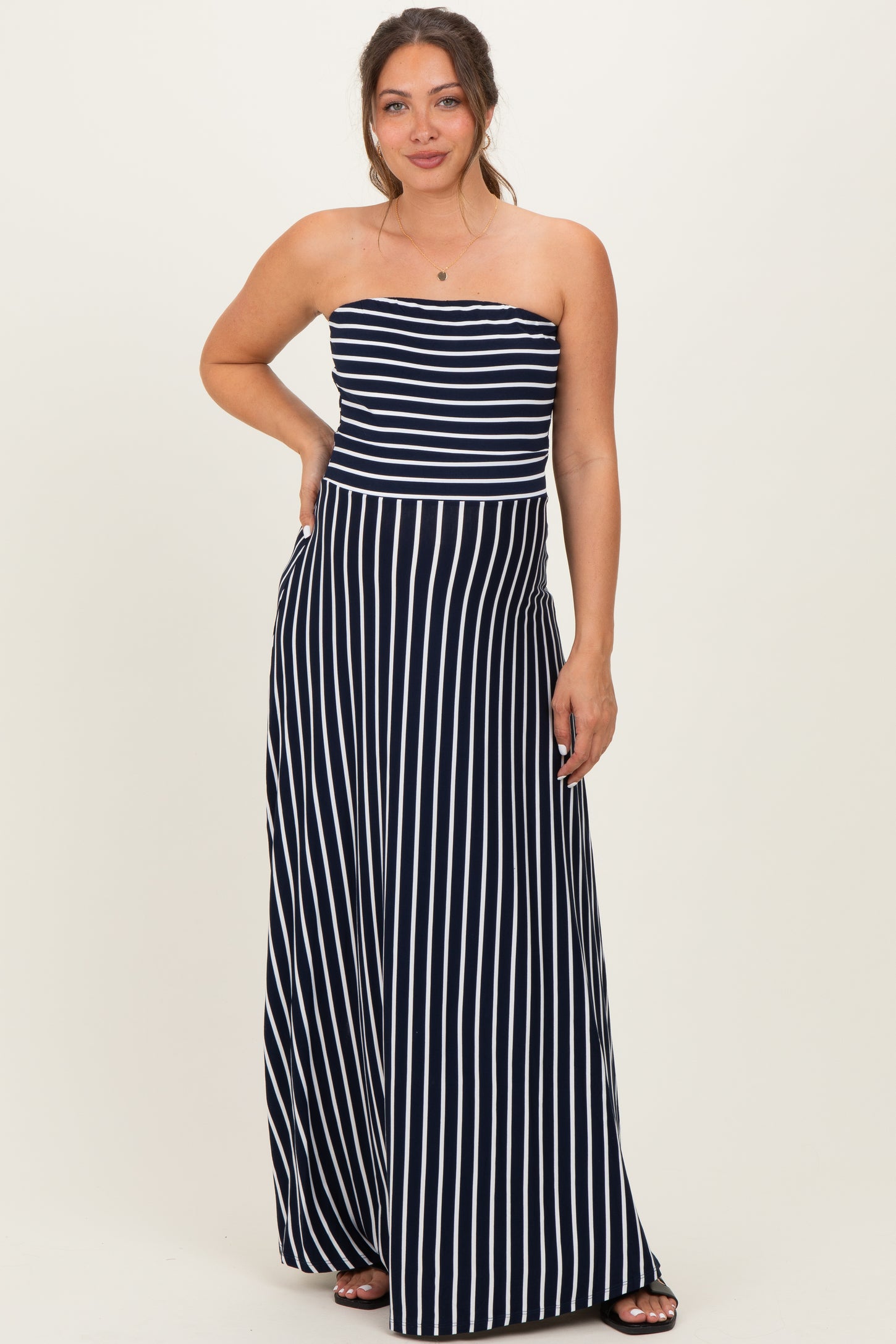 Navy Striped Strapless Maternity Maxi Dress