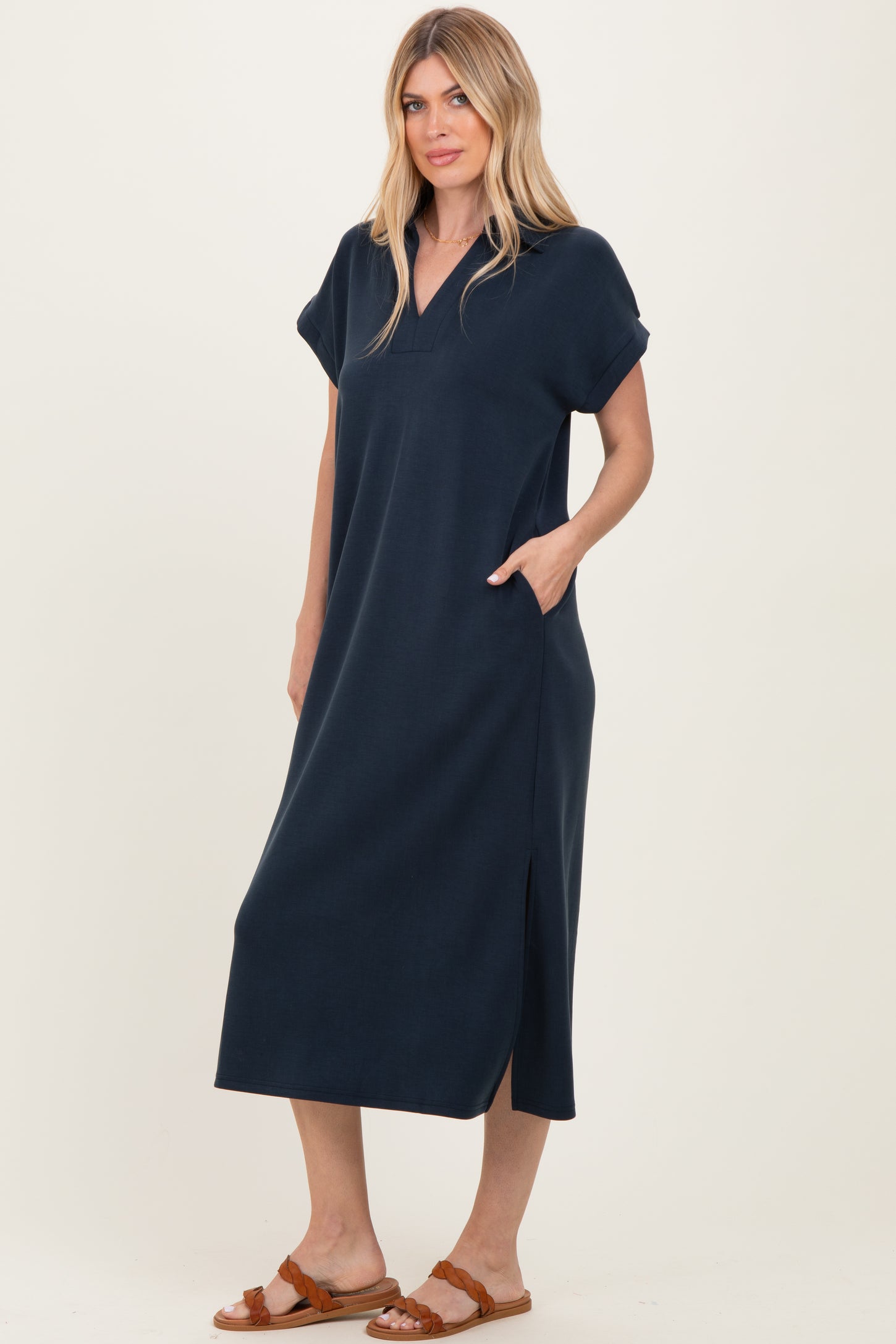 Navy Collared Short Sleeve Midi Dress