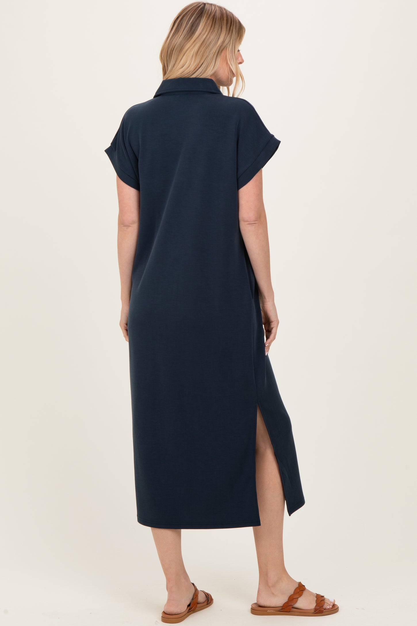 Navy Collared Short Sleeve Midi Dress